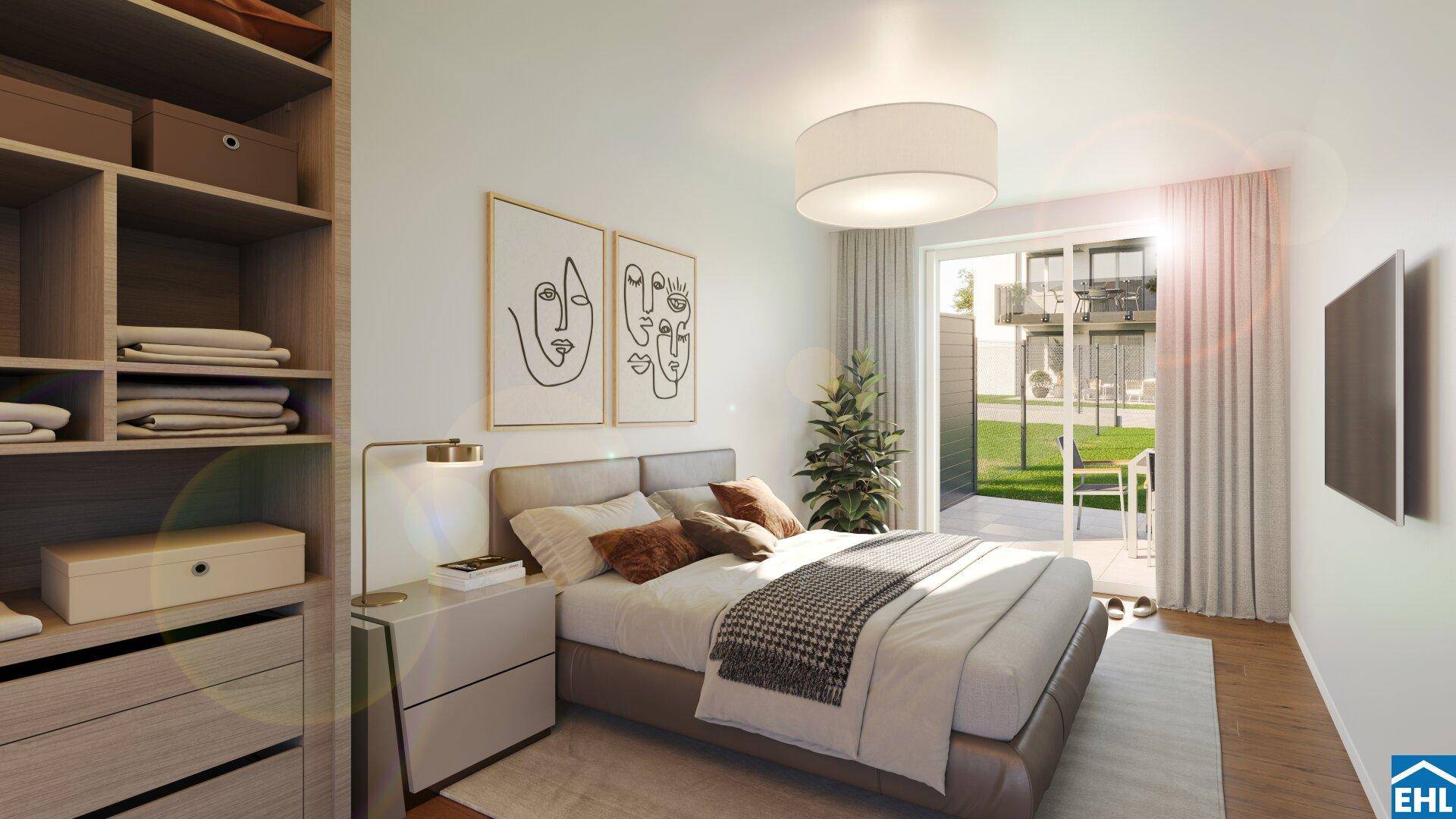 Helles Schlafzimmer mit modernem Bett, Einbauschrank und Zugang zur Terrasse.