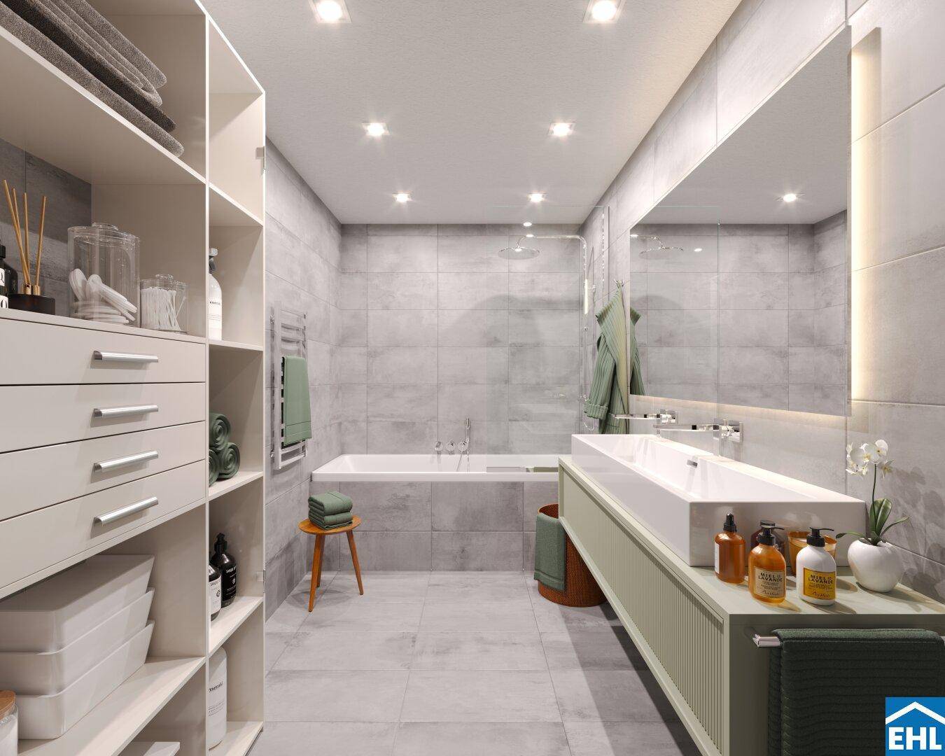 Modernes Badezimmer mit großen grauen Fliesen, Badewanne und Doppelwaschbecken.