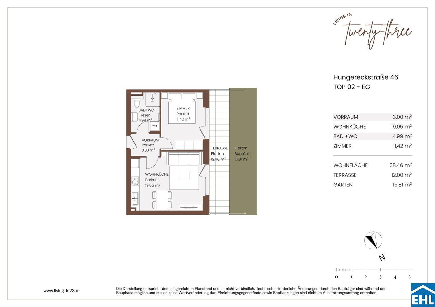 Grundriss einer Erdgeschosswohnung mit offener Wohnküche, Schlafzimmer, Bad, Terrasse und Garten.