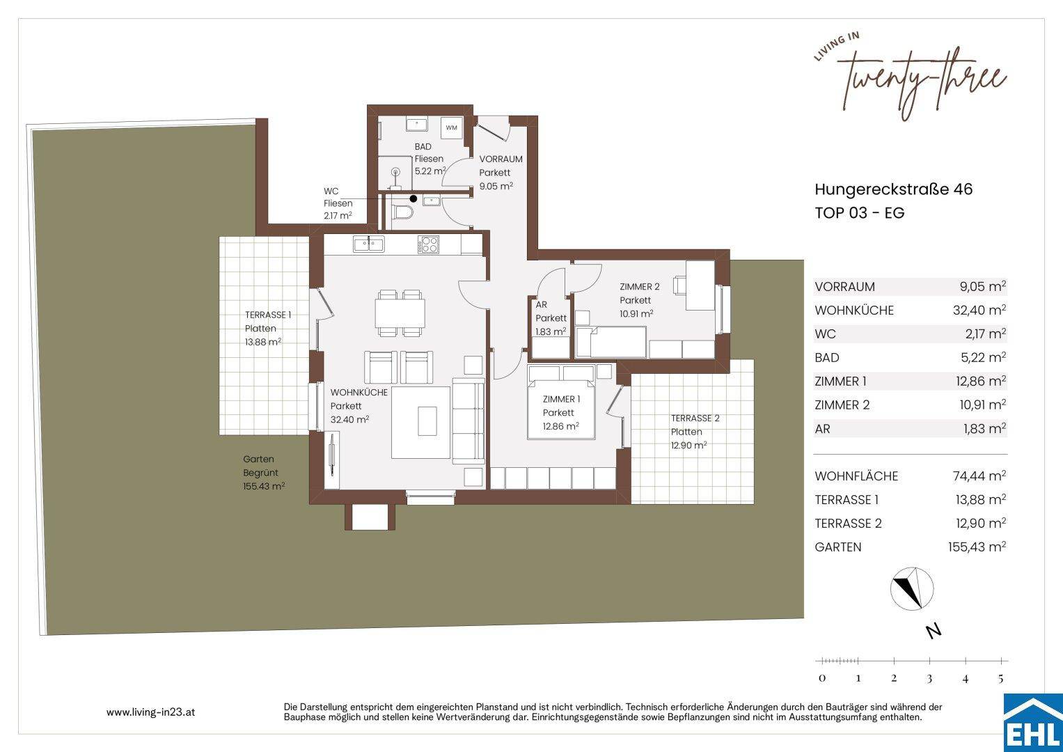 Detaillierter Grundriss der Erdgeschosswohnung mit Terrasse und Gartenflächen.