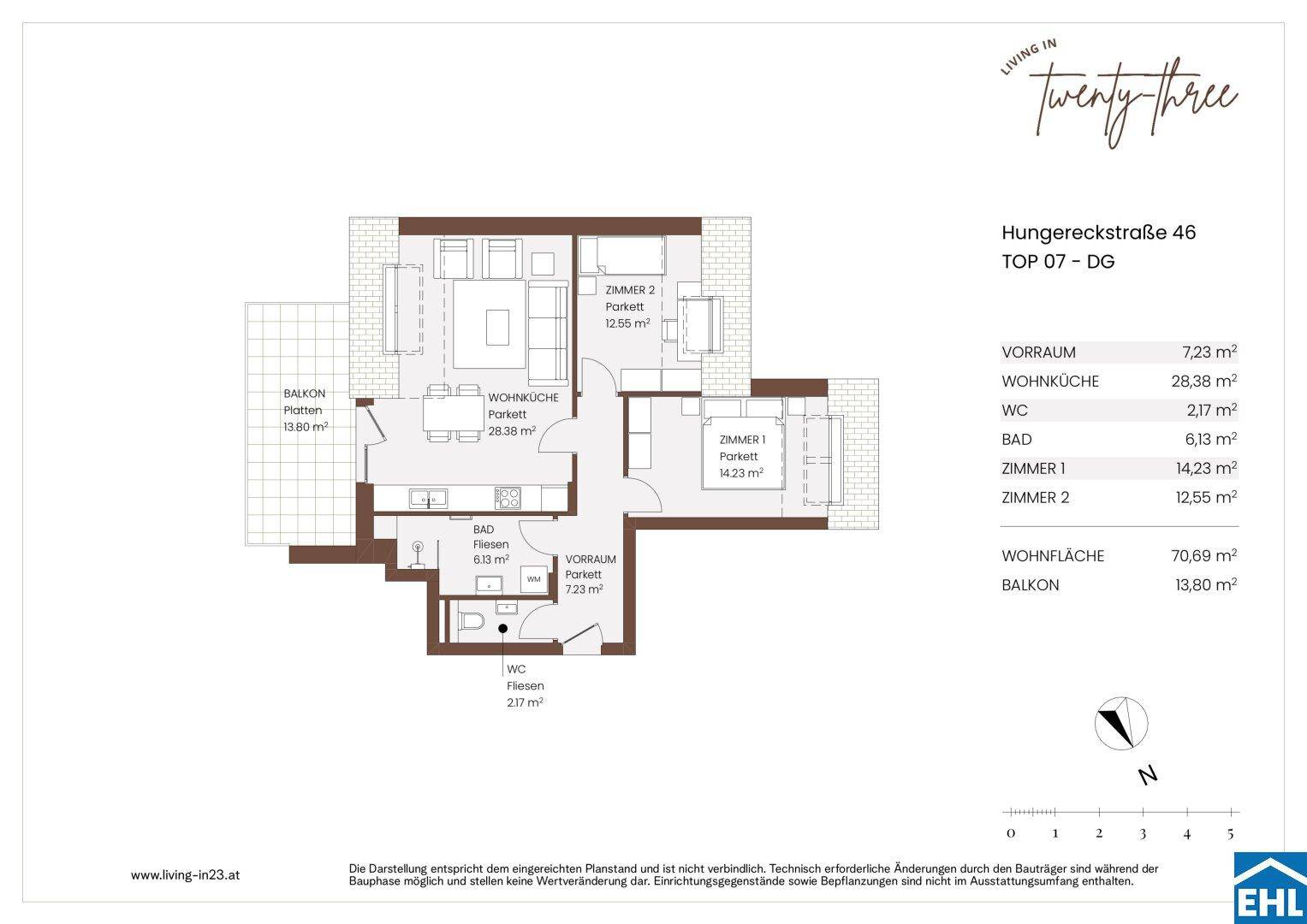 Grundriss der Wohnung TOP 07 im Dachgeschoss mit Balkon und zwei Zimmern.