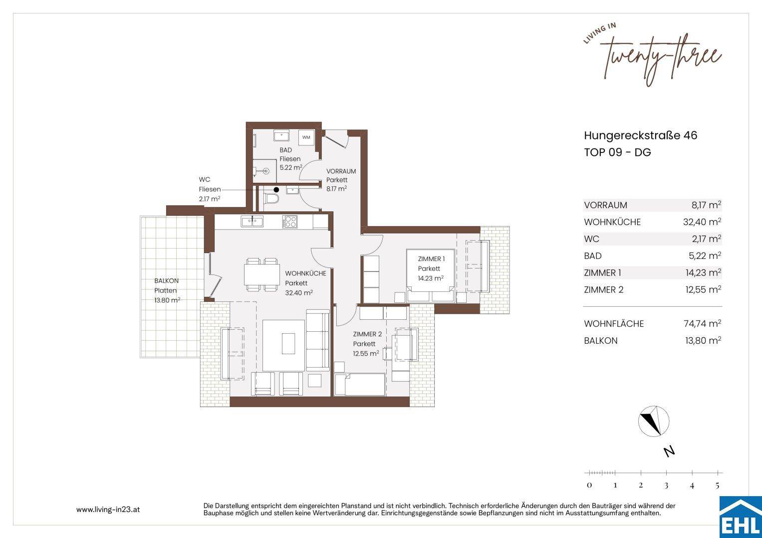 Detaillierter Grundriss einer Wohnung mit Wohnküche, zwei Zimmern und Balkon.