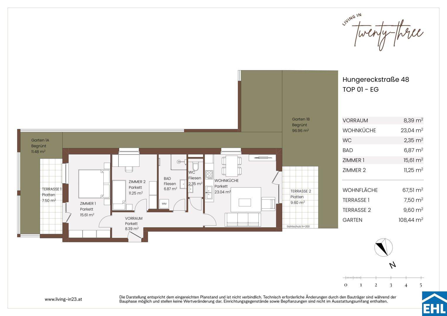 Grundriss der Erdgeschosswohnung mit zwei Schlafzimmern, zwei Terrassen und Garten.