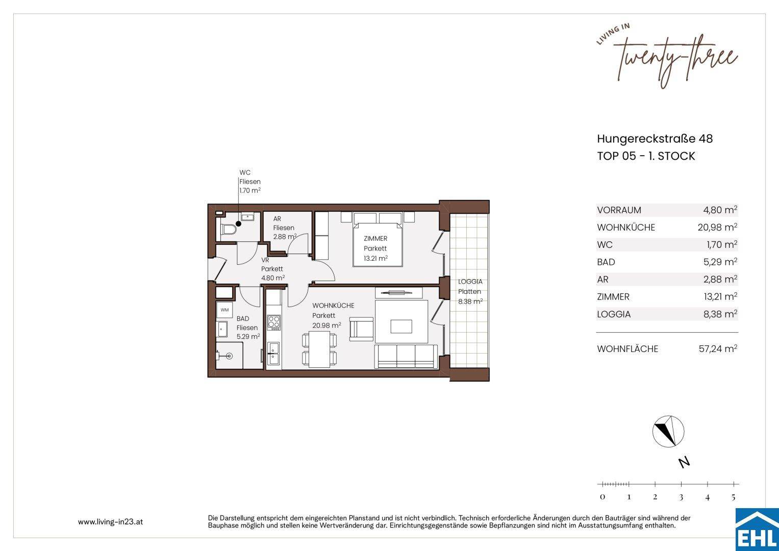 Grundriss einer 57,24 m² großen Wohnung mit Wohnküche, Zimmer, Bad und Loggia.
