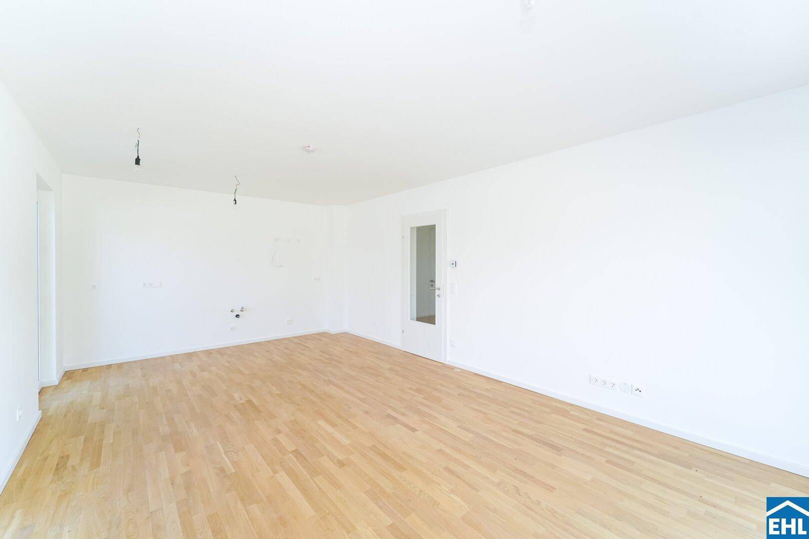 Lichtdurchfluteter Wohnraum mit hellem Holzfußboden und einer modernen Tür mit Glaseinsatz.
