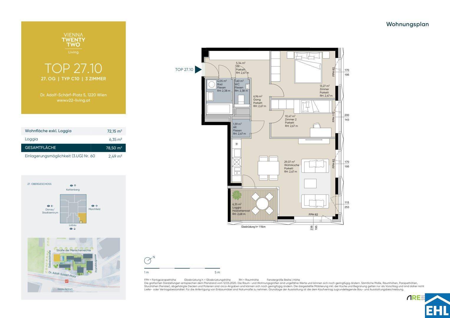 Grundriss der Wohnung TOP 27.10 mit Loggia und drei Zimmern, Gesamtfläche 78,50 m².