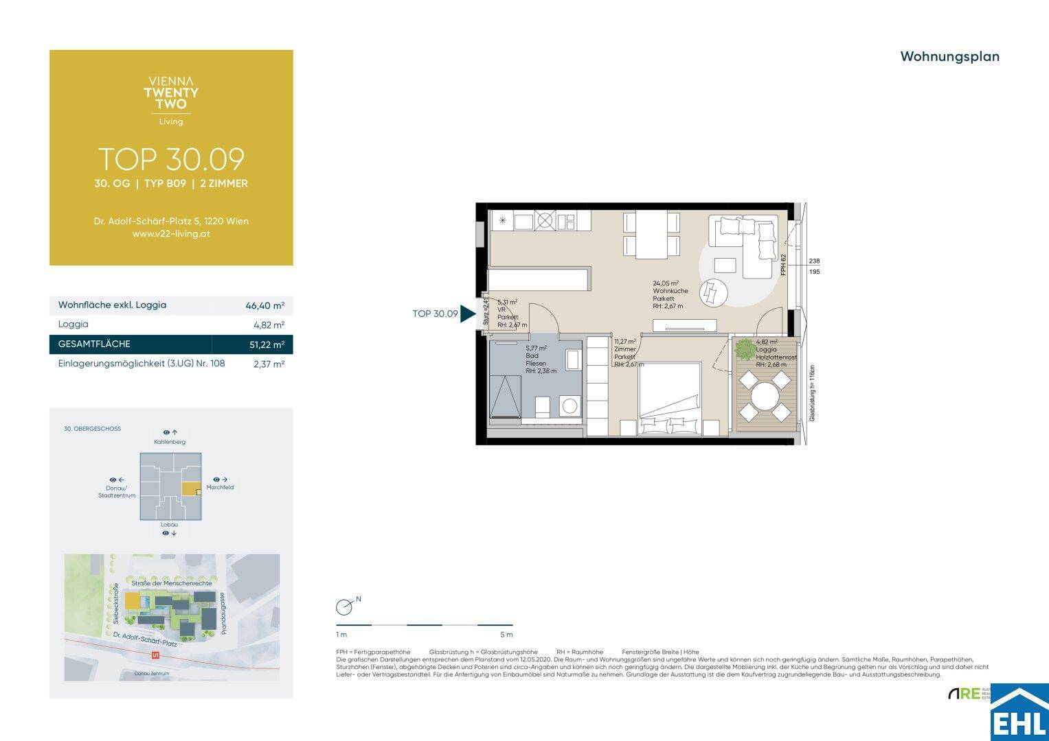 Detaillierter Wohnungsplan mit Raumaufteilung und Flächenangaben für Top 30.09.