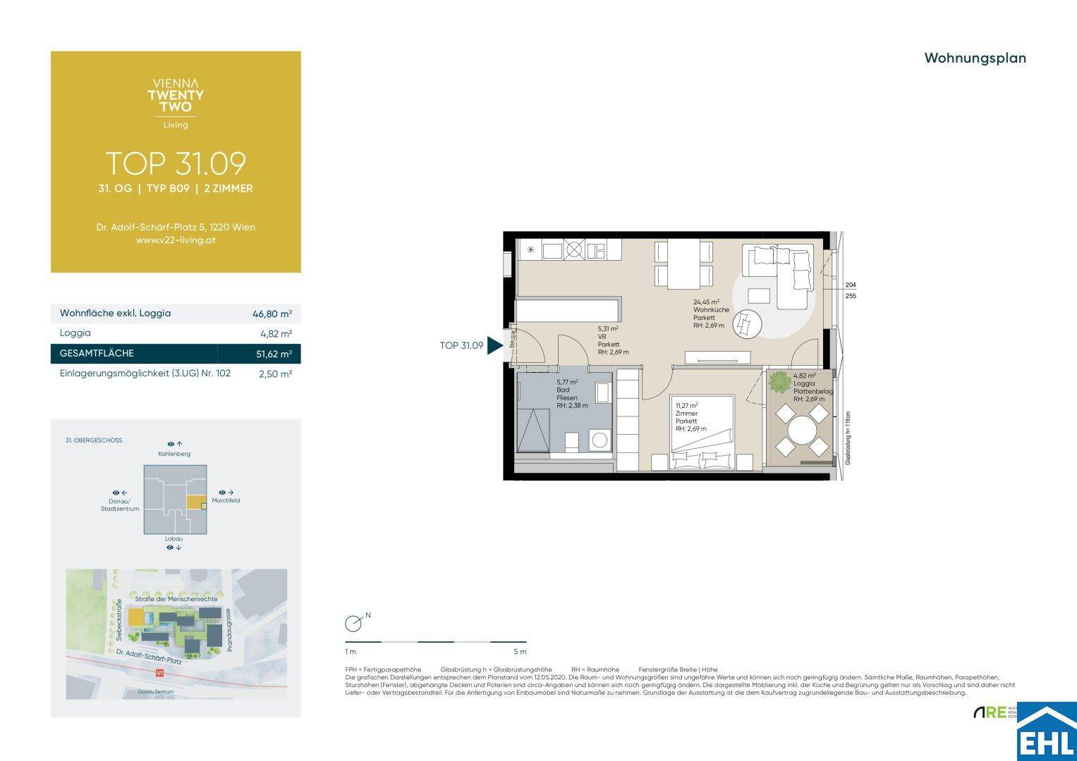Detaillierter Grundriss einer Wohnung mit Wohnbereich, Küche und Loggia.