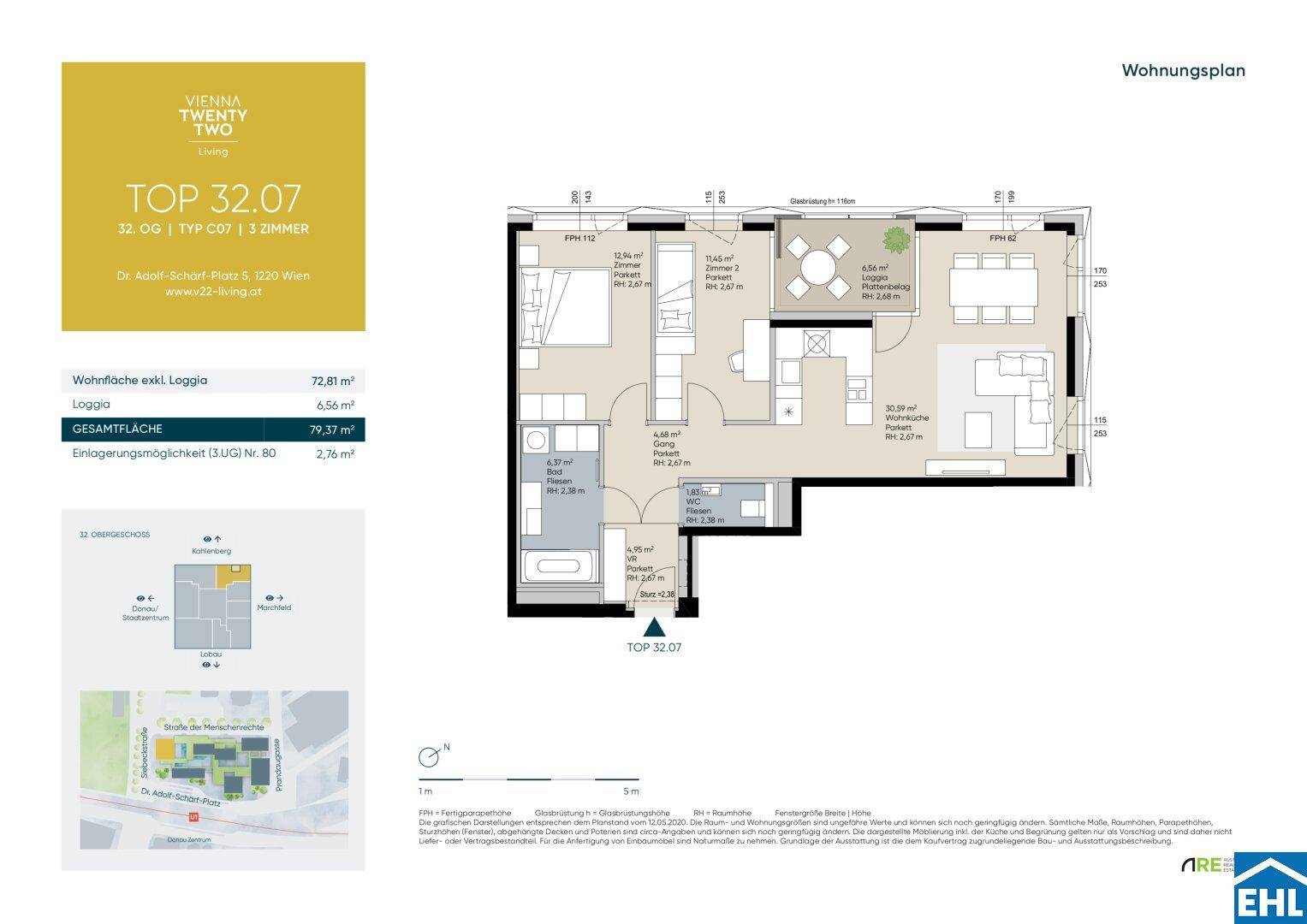 Grundriss einer Wohnung mit drei Zimmern, Loggia und zwei Bädern.