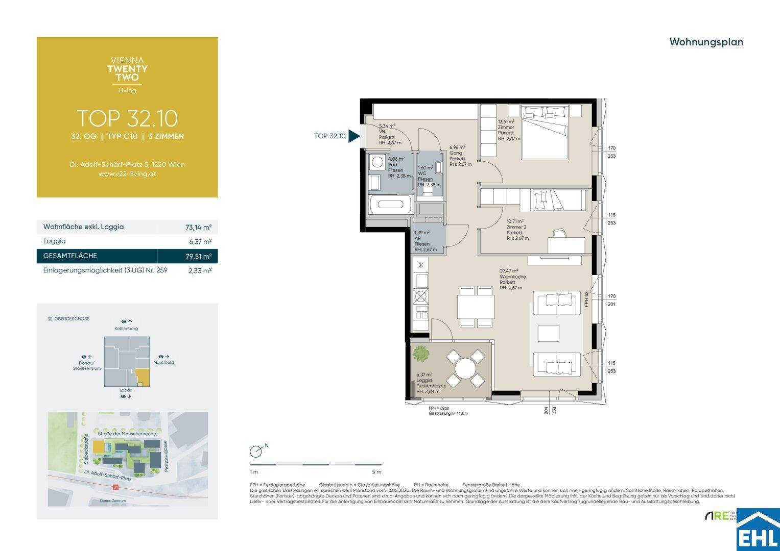 Detaillierter Wohnungsplan mit Raumaufteilung, Loggia und Gesamtfläche von 79,51 m².