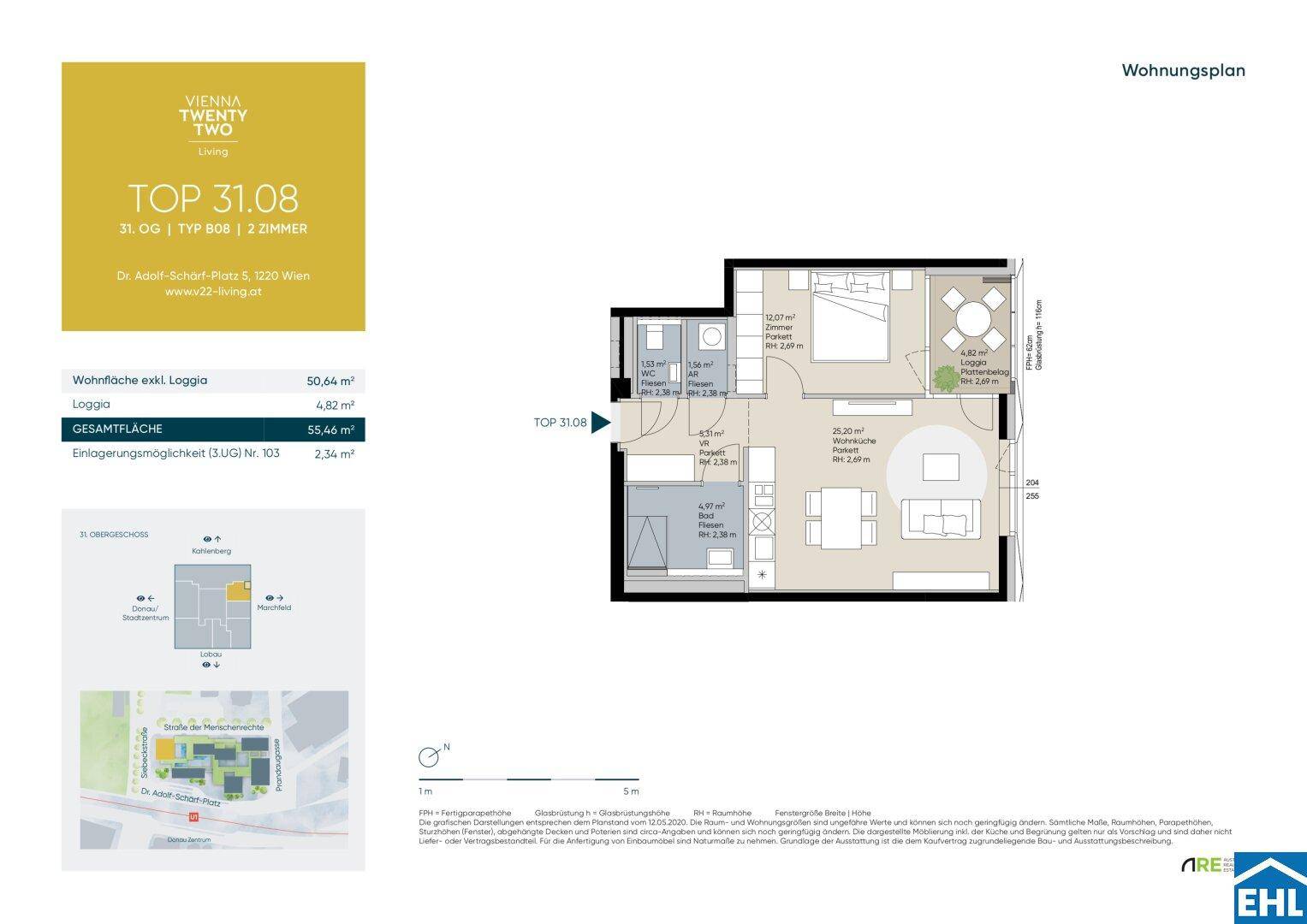 Detaillierter Wohnungsplan mit Raumaufteilung, Loggia und Gesamtflächenangaben.