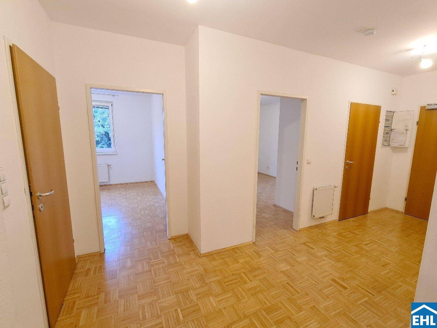 Heller Flur mit Parkettboden, der Zugang zu mehreren Zimmern der Wohnung bietet.