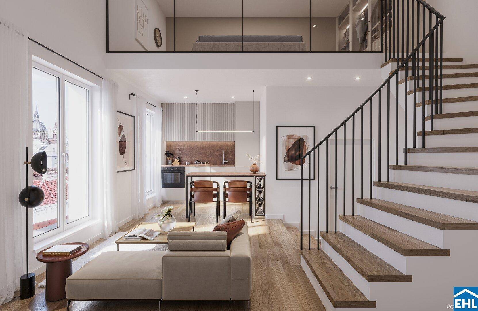 Modernes Loft mit offenem Wohnbereich, integrierter Küche und einer Galerie als Schlafzimmer.