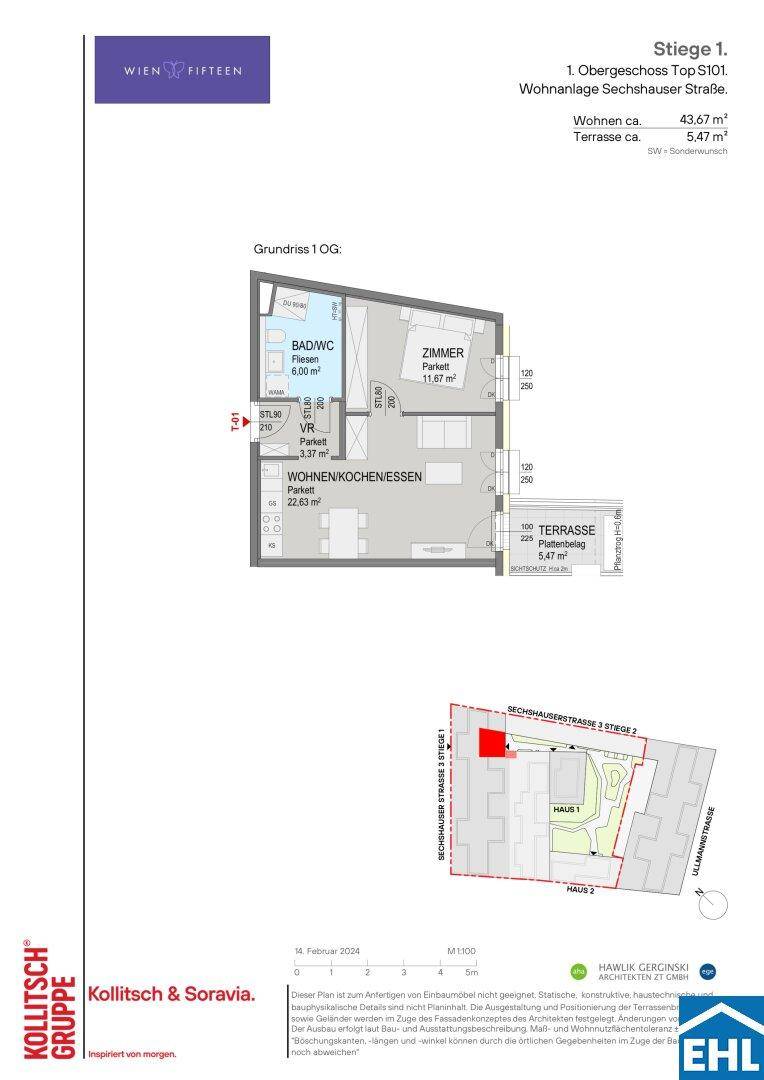 Grundriss einer Wohnung mit Wohnküche, Schlafzimmer und großer Terrasse.