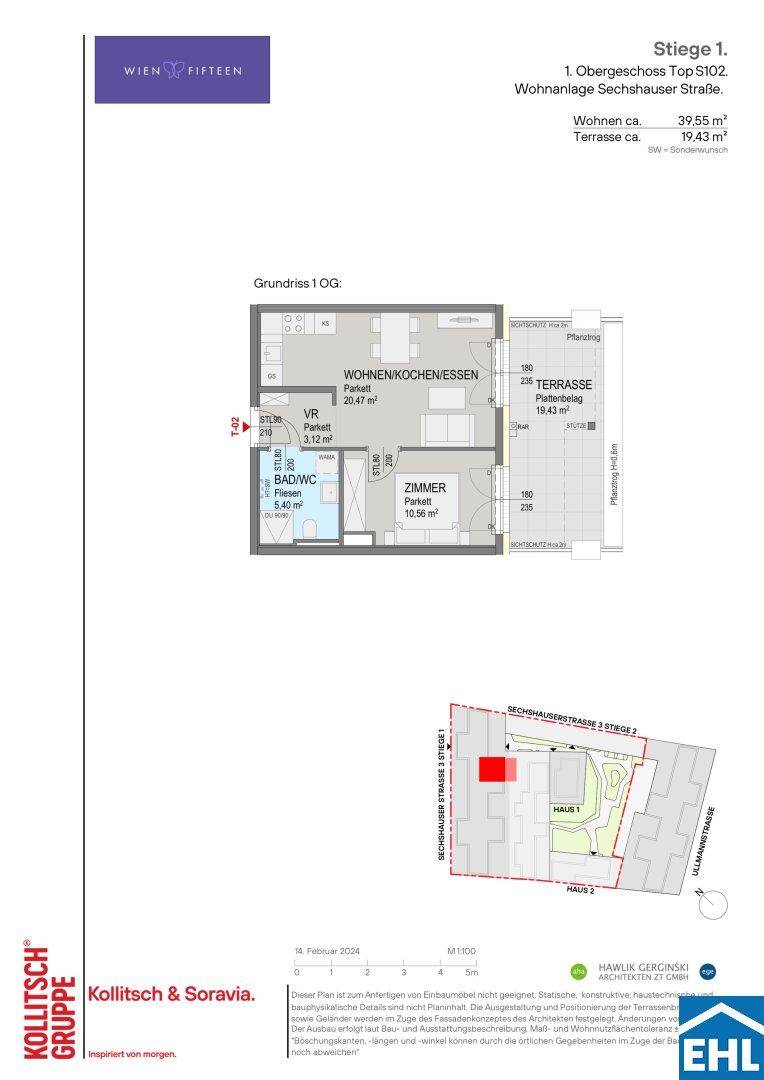 Grundriss der Wohnung Top S102 mit offenem Wohnbereich, einem Zimmer und großer Terrasse.