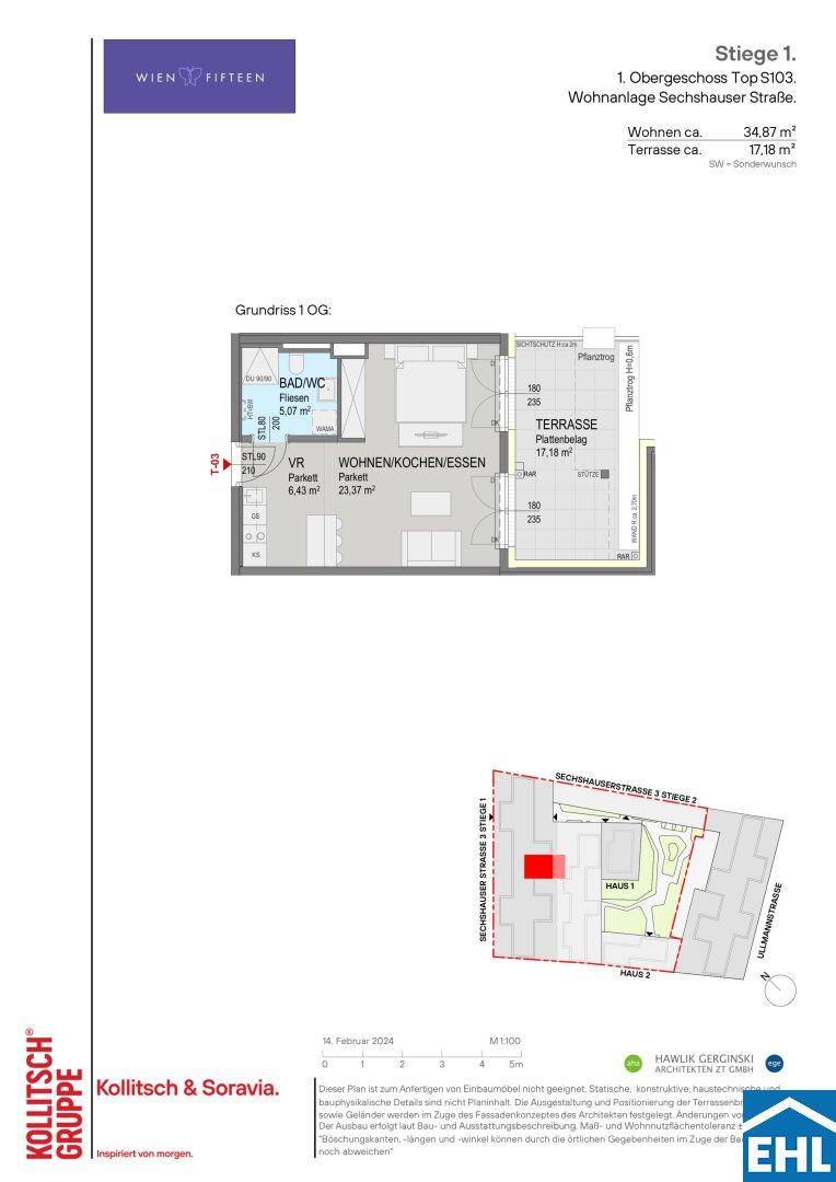 Grundriss einer Wohnung im ersten Obergeschoss mit Wohnküche, Bad und großer Terrasse.