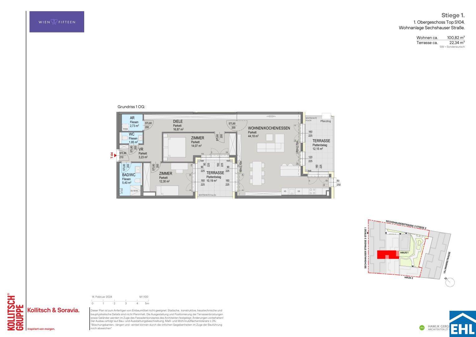Grundriss einer Wohnung mit drei Zimmern, offener Wohnküche und großer Terrasse.