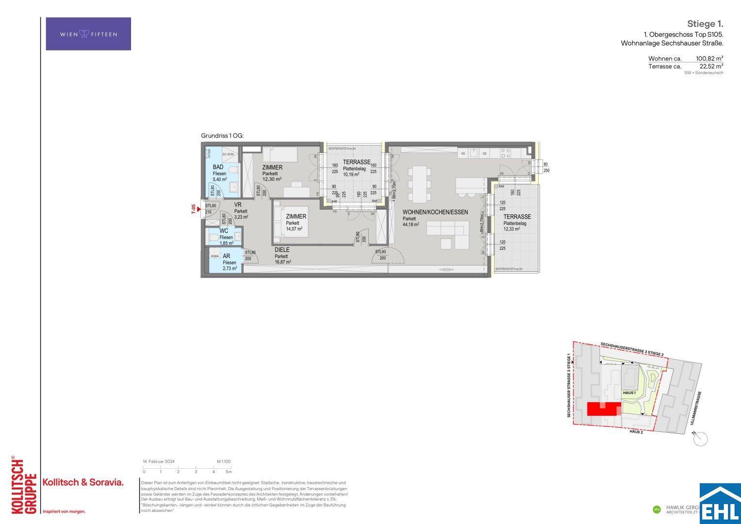 Grundriss einer Wohnung im ersten Obergeschoss mit zwei Zimmern, offenem Wohn-Essbereich und zwei Terrassen.