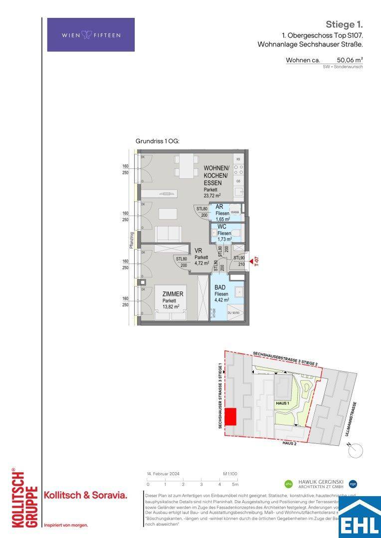 Grundriss einer Wohnung im ersten Obergeschoss mit einem Schlafzimmer und offenem Wohnbereich.