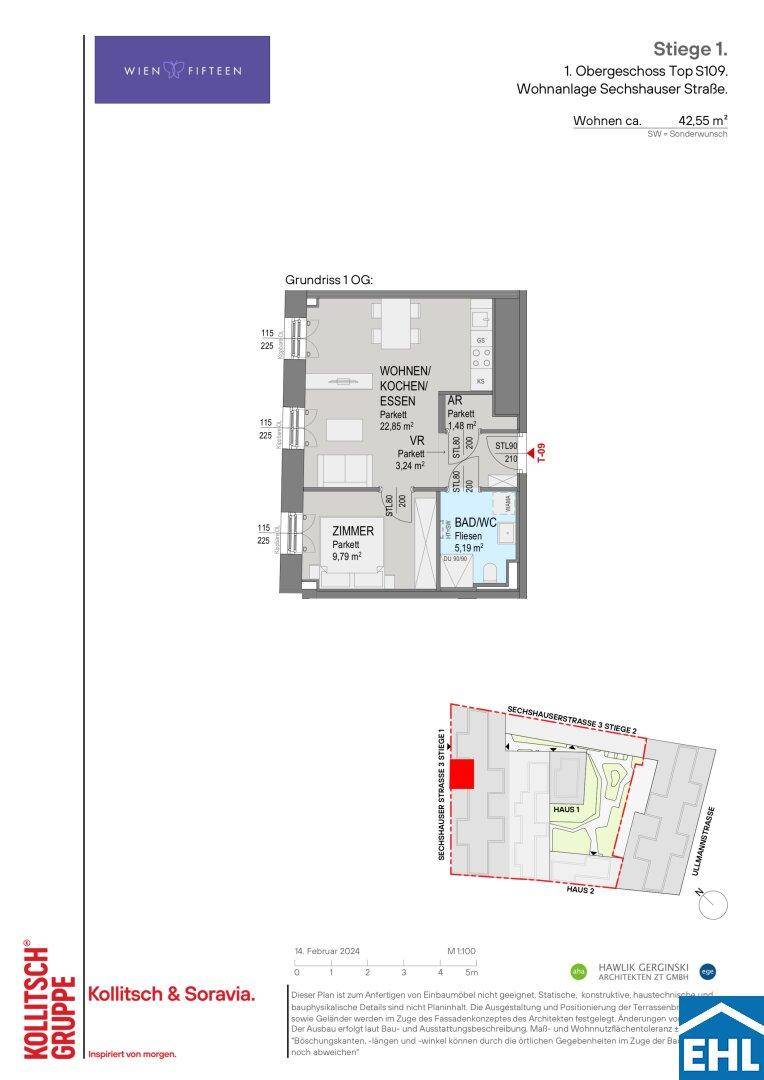 Grundriss einer Wohnung im ersten Obergeschoss mit offenem Wohnbereich und separatem Zimmer.