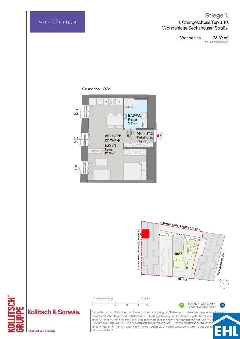 Grundriss einer Wohnung im Obergeschoss mit Wohn-/Koch-/Essbereich und Bad.