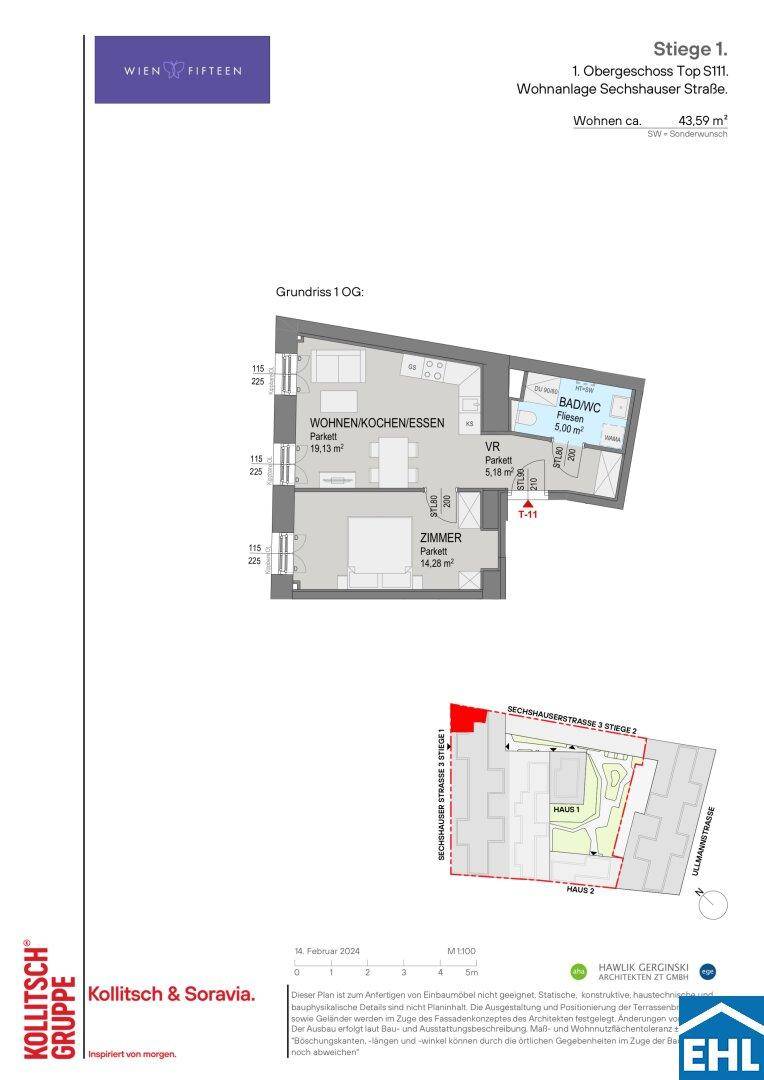 Grundriss einer Wohnung mit offenem Wohn-, Koch- und Essbereich, einem Schlafzimmer und Balkon.
