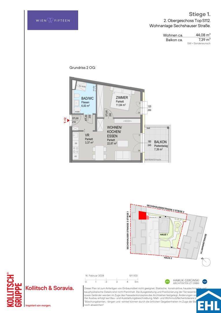 Grundriss einer Wohnung im 2. Obergeschoss mit offenem Wohnbereich, einem Schlafzimmer und Balkon.