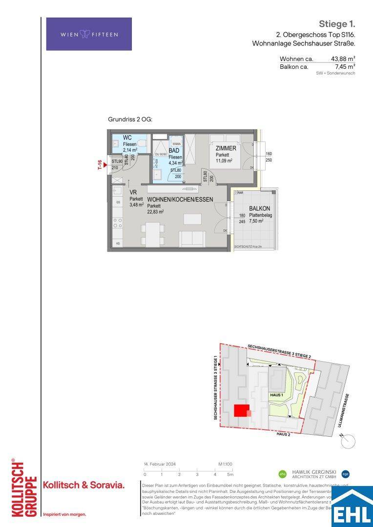 Grundriss einer Wohnung im zweiten Obergeschoss mit Balkon und offenem Wohnbereich.