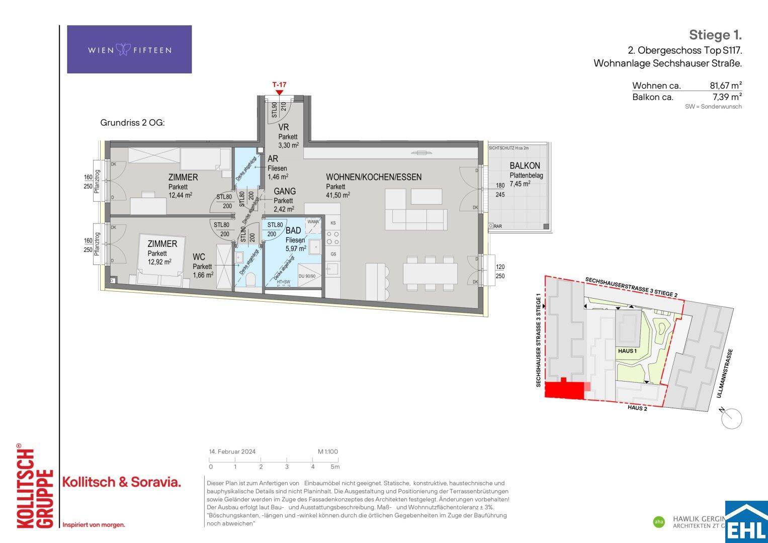 Grundriss einer Wohnung im zweiten Obergeschoss mit Balkon und offenem Wohnbereich.