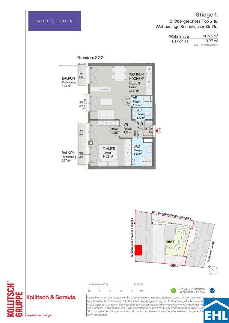 Grundriss einer Wohnung im zweiten Obergeschoss mit offenem Wohnbereich, Schlafzimmer und zwei Balkonen.