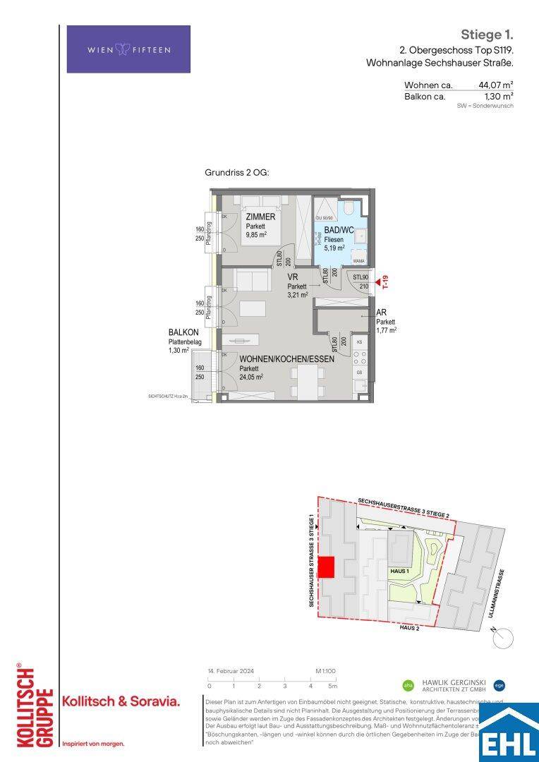 Grundriss einer 44,07 m² großen Wohnung mit einem Schlafzimmer, Wohnküche und Balkon.