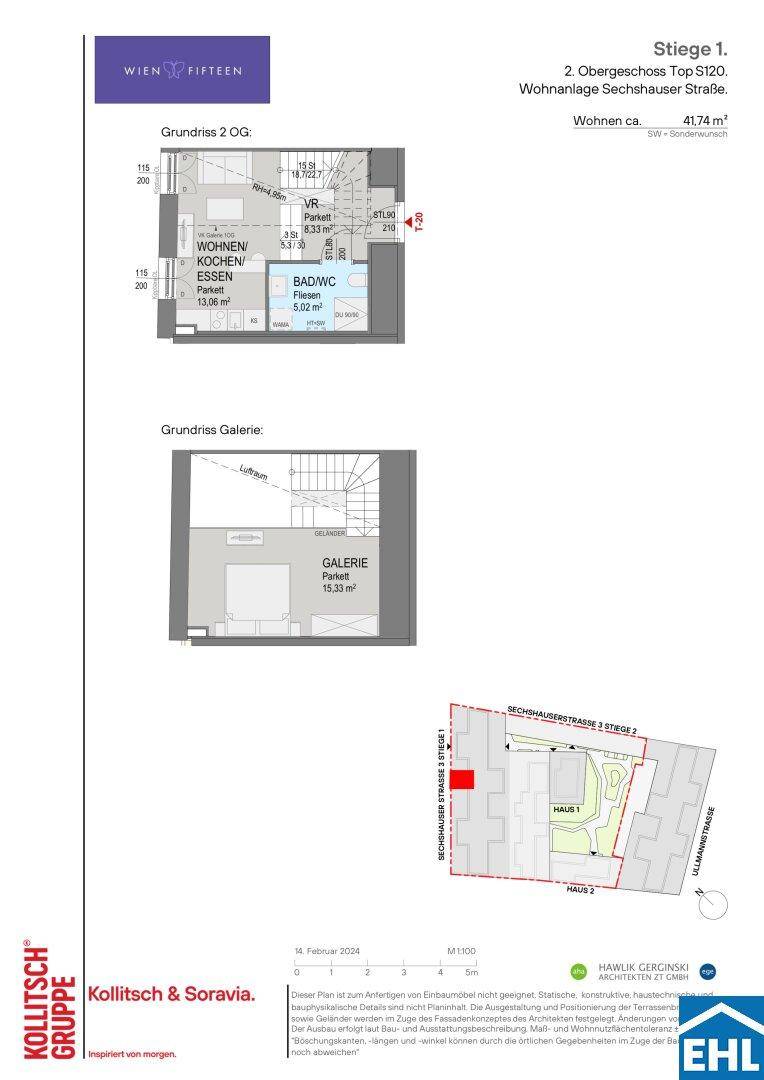 Grundrissplan einer Wohnung im 2. Obergeschoss mit Galerie und Lageplan des Gebäudes.