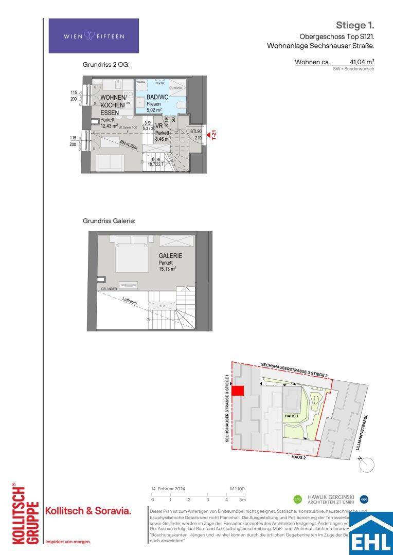 Grundrisspläne einer modernen Wohnung mit Galerie und zugehörigem Lageplan.