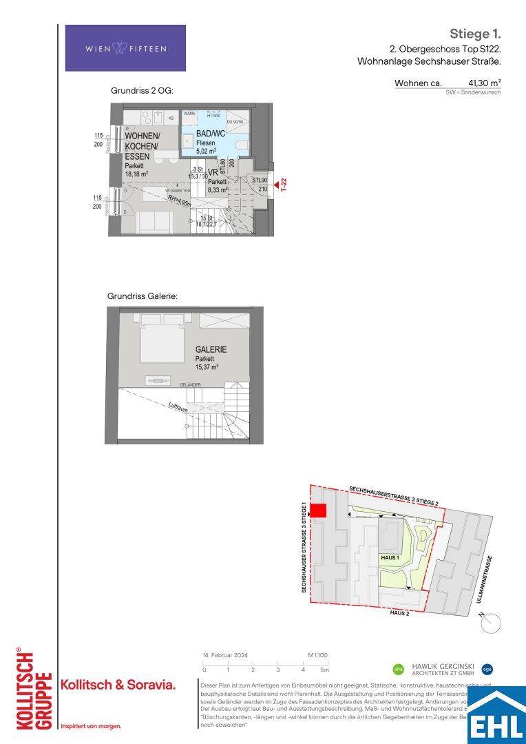 Grundrissplan einer Wohnung mit zwei Ebenen und Galeriebereich, inklusive Lageplan.