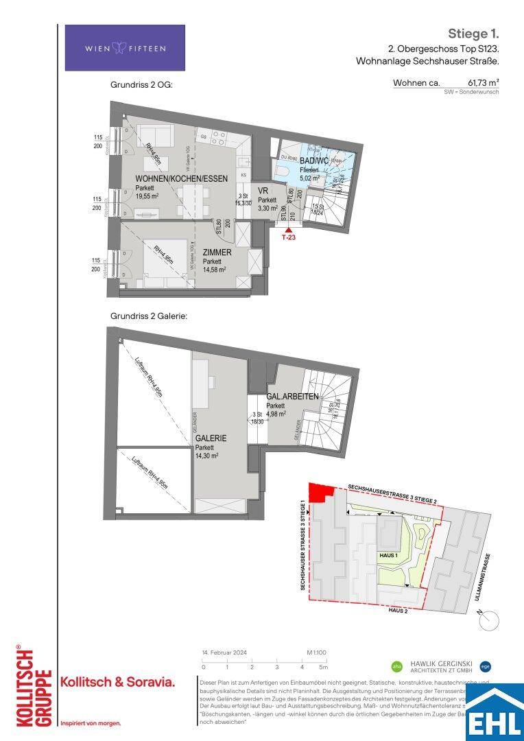 Grundrissplan einer Maisonette-Wohnung über zwei Etagen mit offenem Wohnbereich und Balkon.