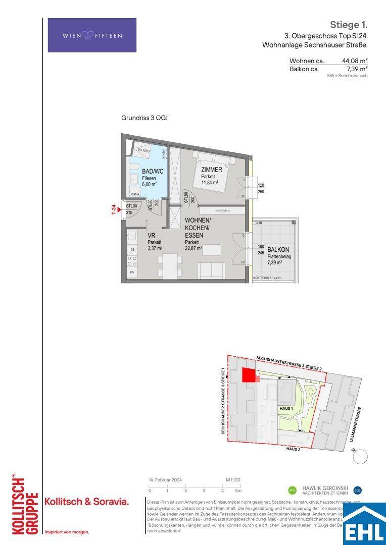 Grundriss der Wohnung im 3. Obergeschoss mit offenem Wohnbereich, Schlafzimmer und Balkon.
