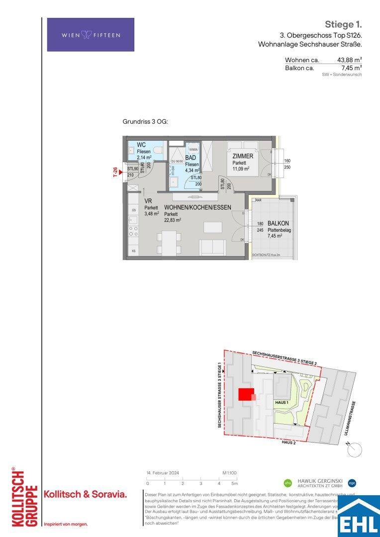 Grundriss einer Wohnung mit offenem Wohn-Essbereich, Schlafzimmer, Bad, separatem WC und Balkon.