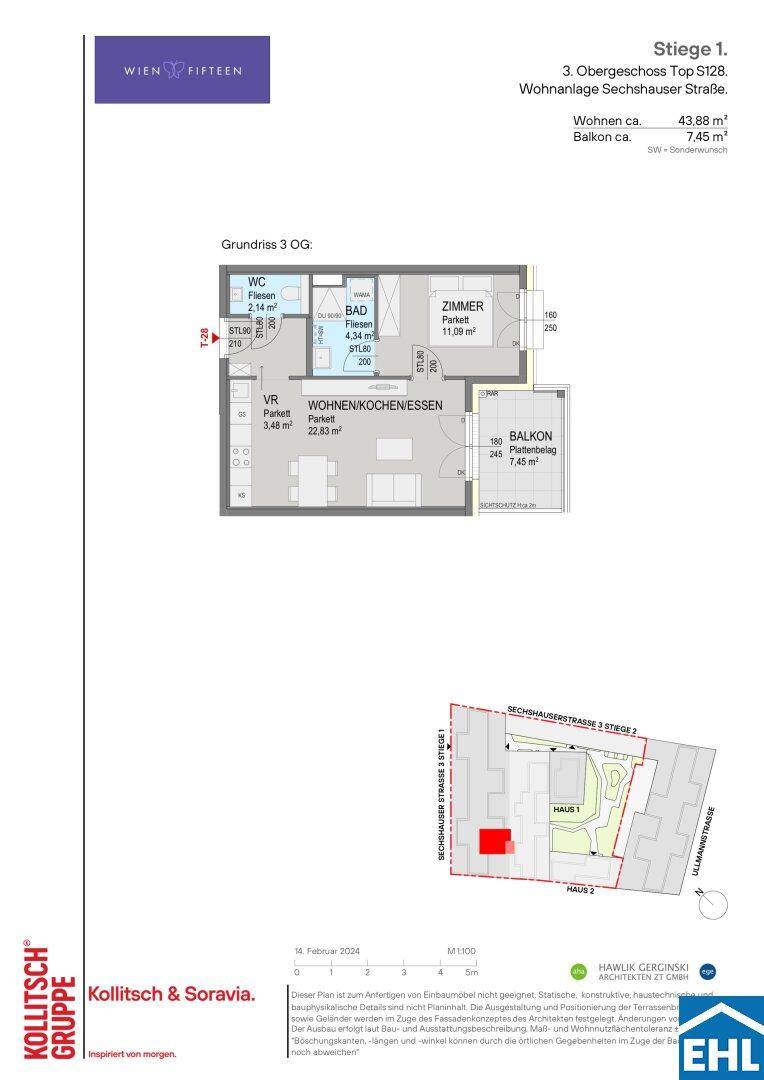 Grundriss der Wohnung Top S128 im dritten Obergeschoss mit Wohnküche und Balkon.