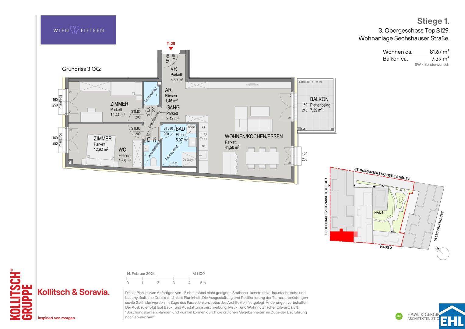 Grundriss einer 3-Zimmer-Wohnung im 3. Obergeschoss mit offenem Wohn-/Koch-/Essbereich und Balkon.