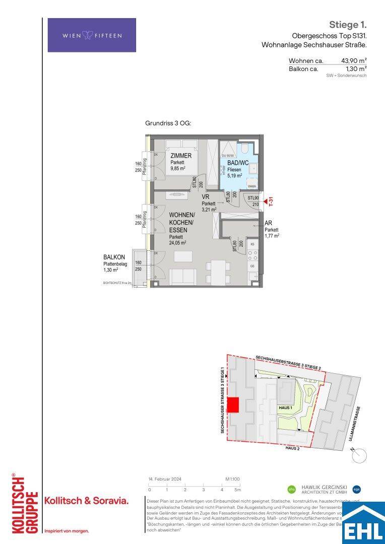 Grundriss einer Wohnung im Obergeschoss mit Balkon und separatem Bad/WC.