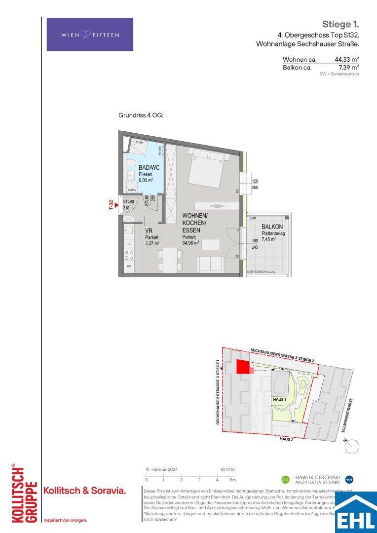 Grundriss einer Wohnung im 4. Obergeschoss mit offenem Wohnbereich, Balkon und Bad.