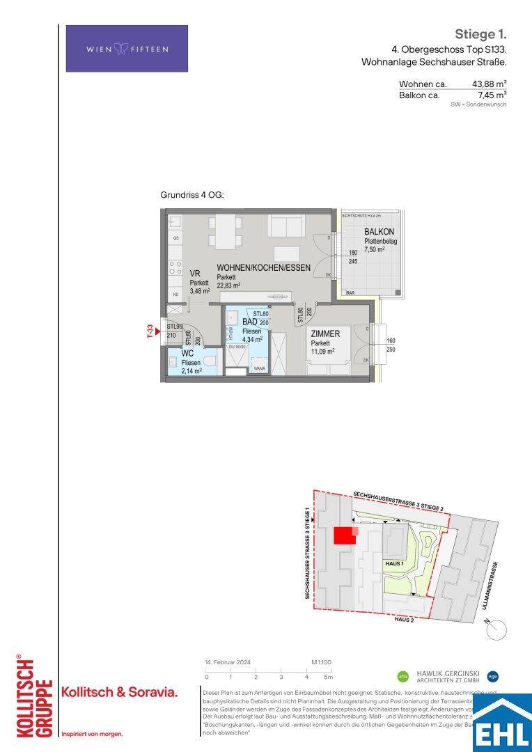 Grundriss einer Wohnung im 4. Obergeschoss mit offenem Wohn-Essbereich und Balkon.