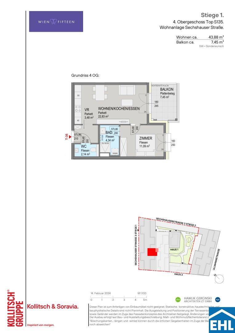 Grundriss des 4. Obergeschosses mit offenem Wohn-/Kochbereich, einem Zimmer und Balkon.
