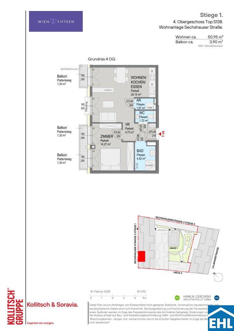 Grundriss einer Wohnung mit offenem Wohnbereich, Schlafzimmer und mehreren Balkonen.