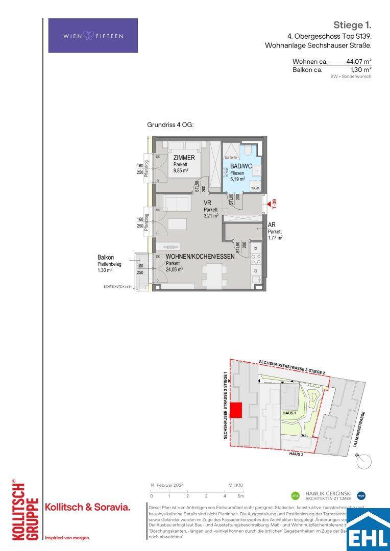 Grundriss einer Wohnung im 4. Obergeschoss mit Wohnküche, Schlafzimmer und Balkon.