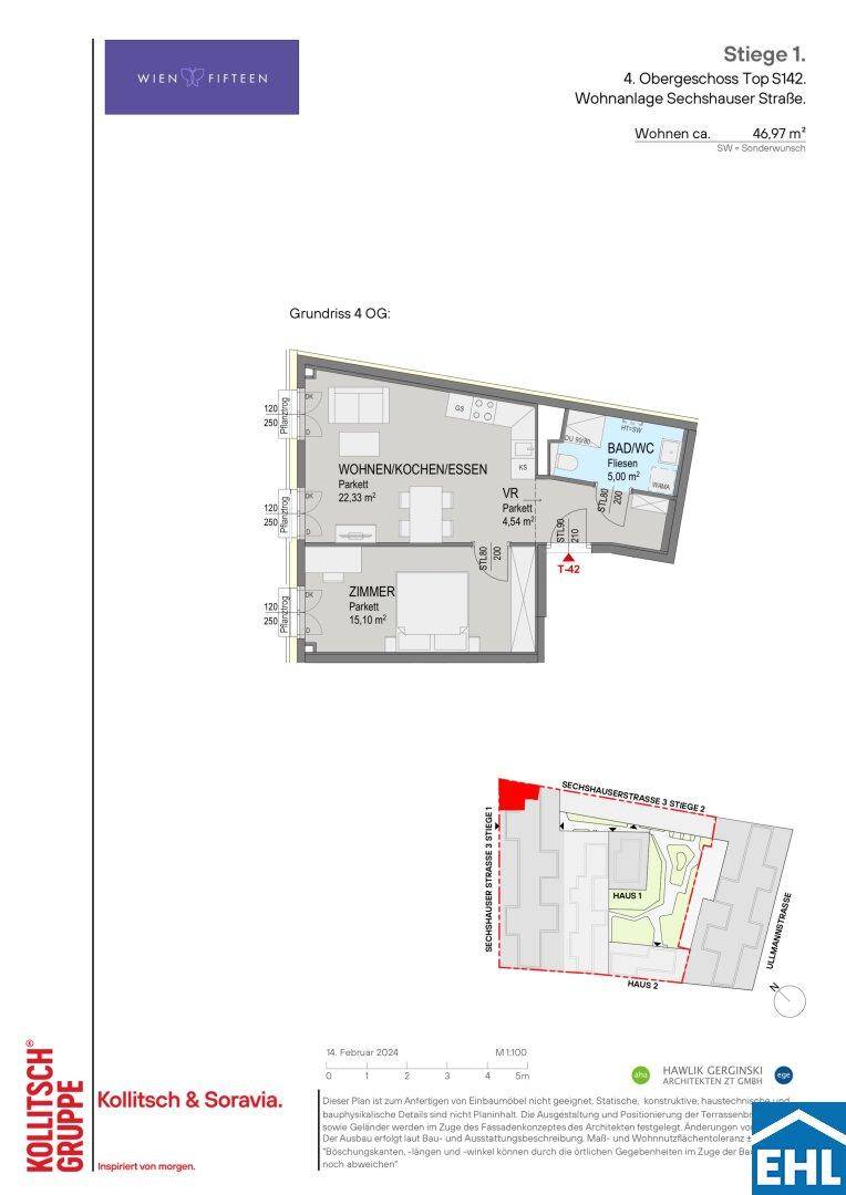 Grundriss einer Wohnung im 4. Obergeschoss mit offener Wohnküche und einem Schlafzimmer.