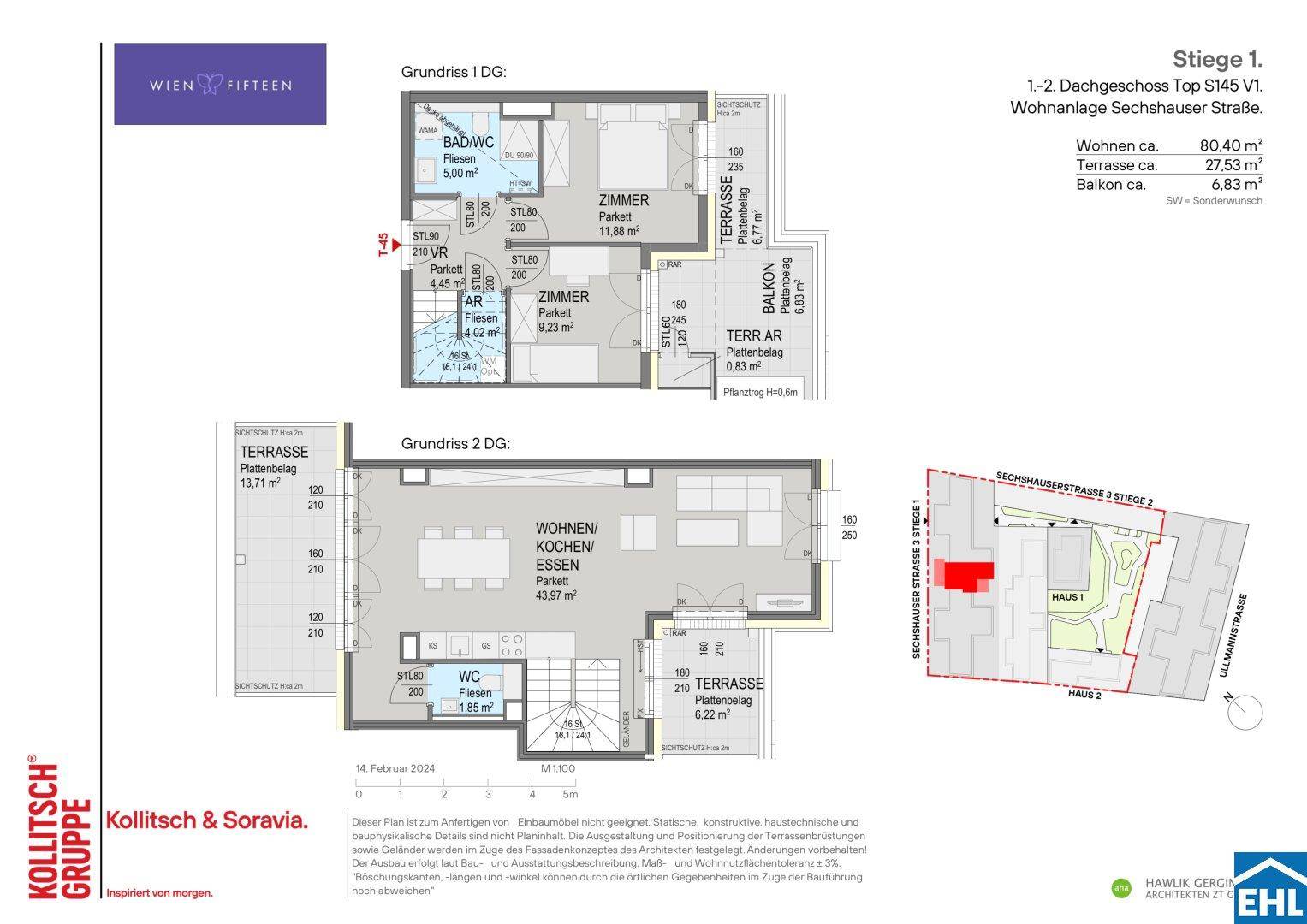 Grundrissplan einer Maisonette-Wohnung mit offenem Wohnbereich, zwei Terrassen und einem Balkon.