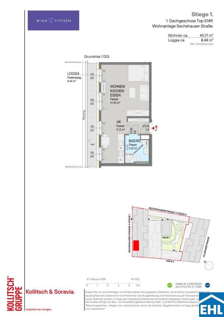 Grundriss der Wohnung Top S149 mit Loggia und separatem Bad/WC.