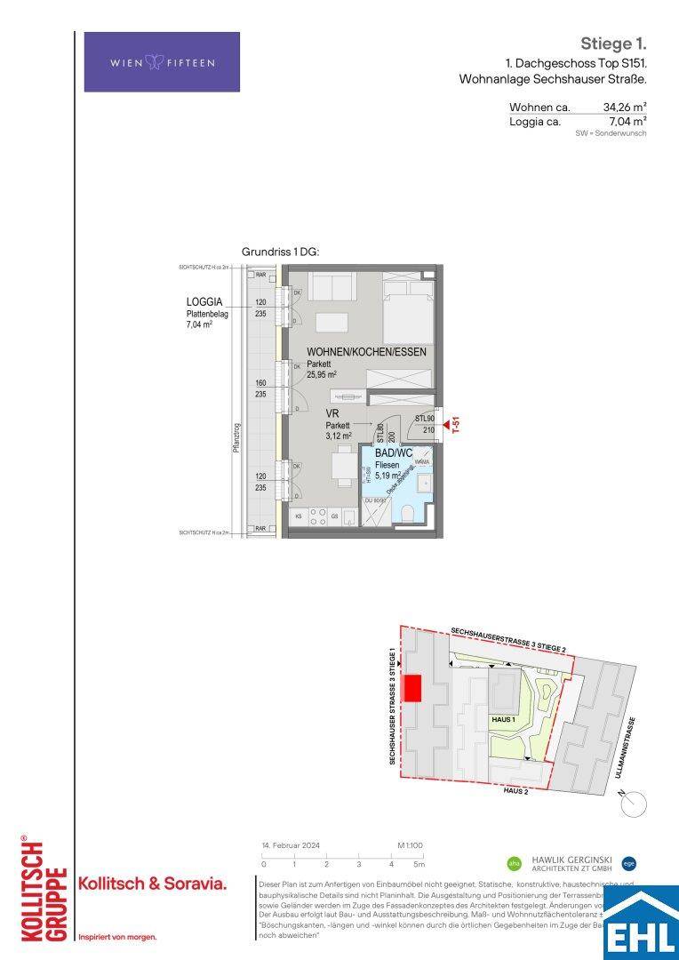 Grundriss des Dachgeschosses mit offenem Wohn-Koch-Essbereich, Bad und Loggia.