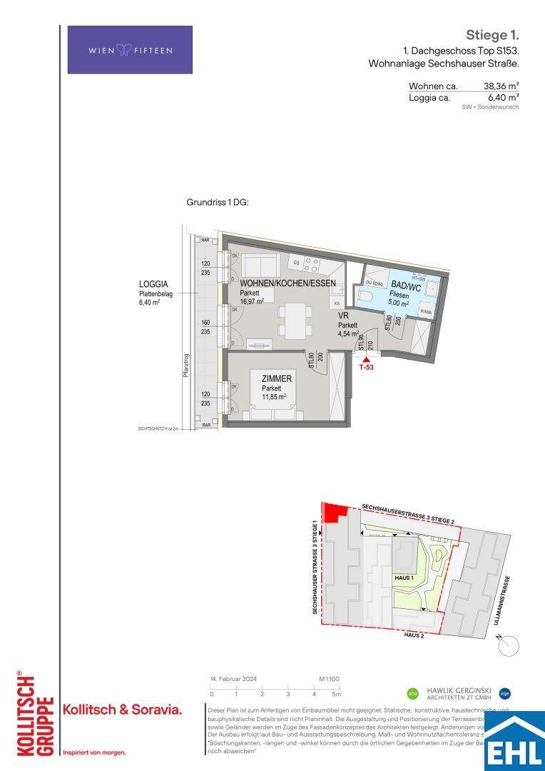Grundriss einer Dachgeschosswohnung mit offenem Wohn-, Koch- und Essbereich, einem Schlafzimmer und Loggia.